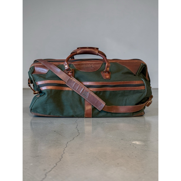 Vintage JW Hulme Co Canvas Leather Duffle Travel Bag Green Brown Large Weekender